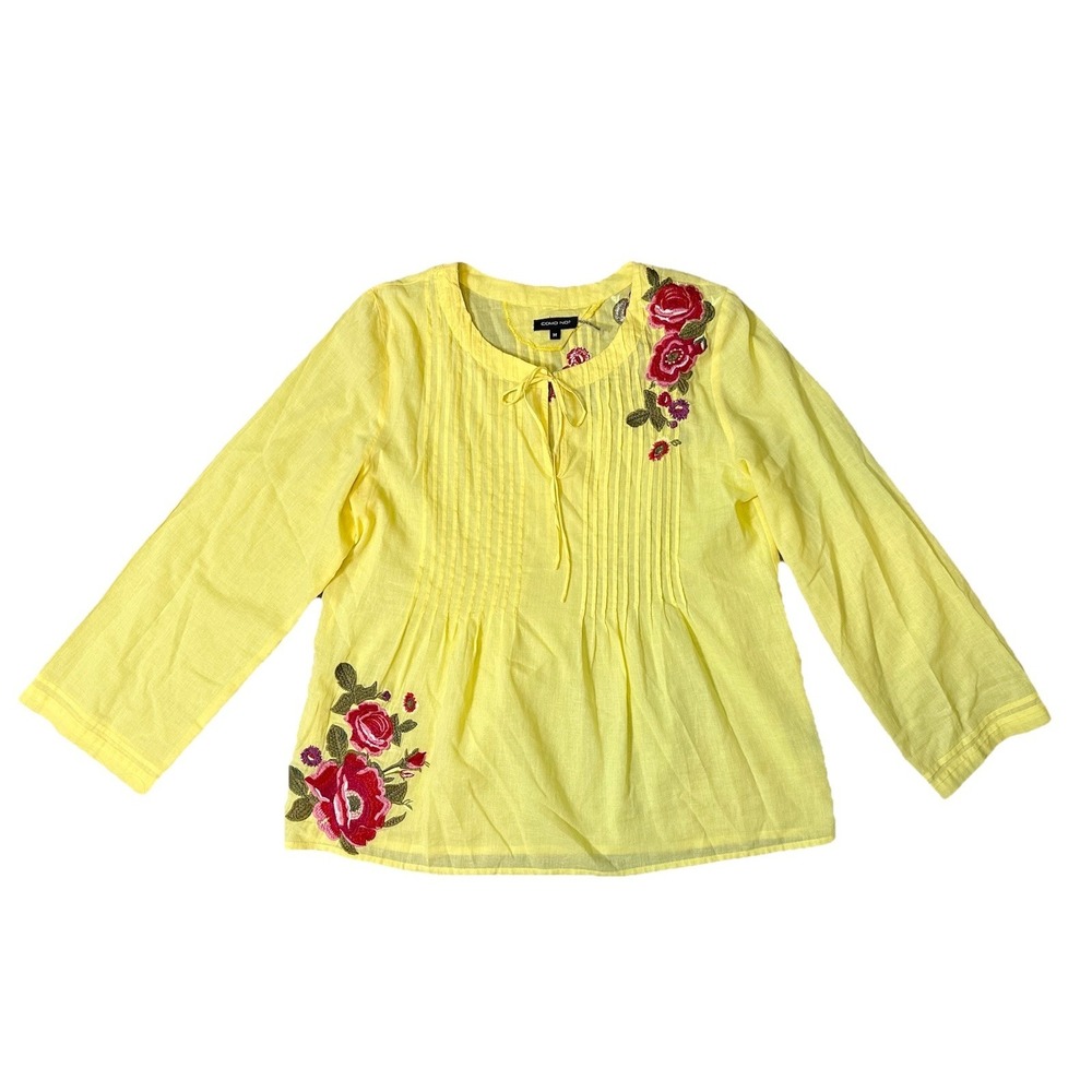 Como no? Women's‎ MEDIUM Yellow Peasant Blouse Floral Embroidered Boho Tie Neck